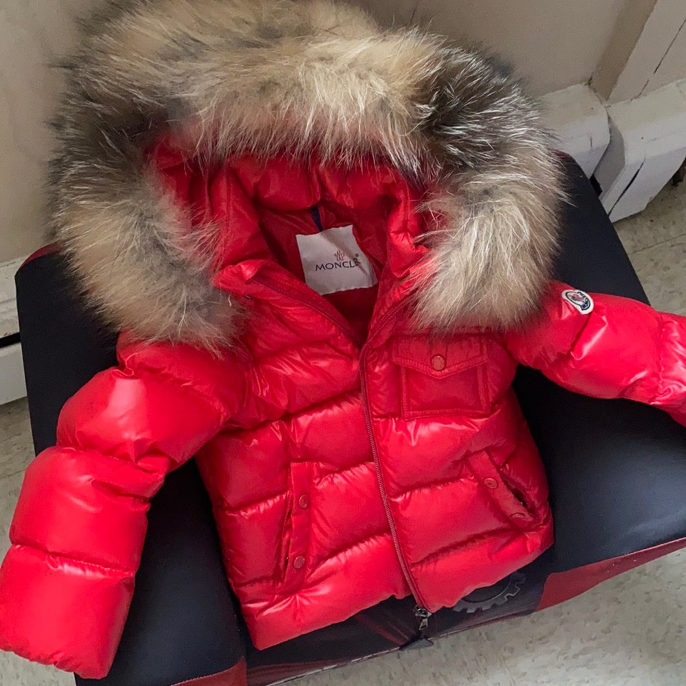 Moncler Red Kids Puffer Jacket with Fur Trim